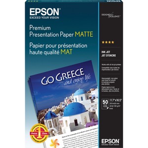 Epson Premium Matte Inkjet Presentation Paper - 97 Brightness - 94% Opacity - A3 - 11 45/64" x 16 1/2" - 44 lb Basis Weight - Matte - White - 50 / Pack